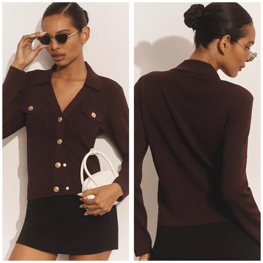 Anthropologie Maeve Collared Cardigan Size Small Plum Purple Preppy Quiet Luxury